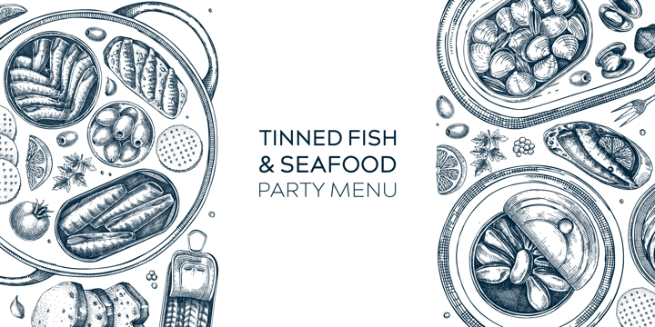 Hand drawn canned fish border design. Vector seafood background. Sardines, anchovy, mackerel, tuna, mussels in tin cans, fish canapes, olives, crackers and lemons sketches. 